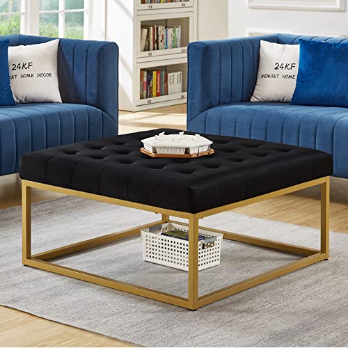 24KF Middle Century Gepolsterter, getufteter Couchtisch mit samtgepolstertem Sitz, großer quadratischer Ottomane mit goldenem Metallrahmen, Schwarz 24KF Middle Century Gepolsterter, getufteter Couchtisch mit samtgepolstertem Sitz, großer quadratischer Ottomane mit goldenem Metallrahmen, Schwarz von 24KF