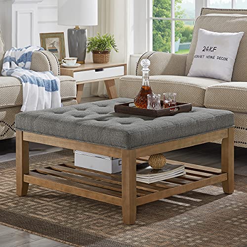 24KF Moderner gepolsterter Couchtisch mit Holzregal, Leinenstoff, groß, quadratisch, mit Stauraum, Granit von 24KF