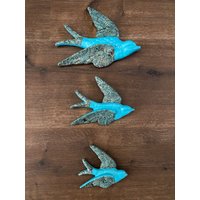 3Er Set Fliegende Blaue Vögel Hängen Retro Vintage Stil Ornament Schwalbe Keramik Wanddekoration Shabby Chic Montage Flockvögel Wandkunst von 24x7Bargain