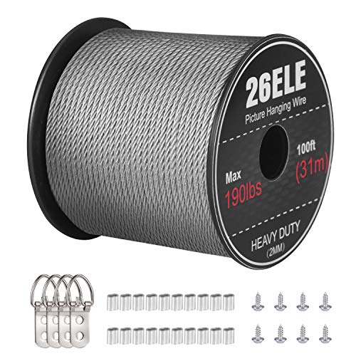 26ELE Bilderdraht zum Aufhängen, 86 kg, robustes Edelstahl-Drahtseil zum Aufhängen von Bilderrahmen, Spiegel und Wandkunst, starker Metalldraht, 30 m, mit 20 Crimphülsen, 4 D-Ringen und 8 Schrauben 26ELE Bilderdraht zum Aufhängen, 86 kg, robustes Edelstahl-Drahtseil zum Aufhängen von Bilderrahmen, Spiegel und Wandkunst, starker Metalldraht, 30 m, mit 20 Crimphülsen, 4 D-Ringen und 8 Schrauben von 26ELE
