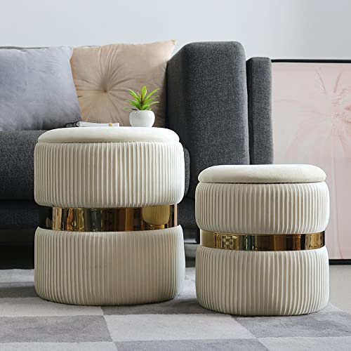 2BYF 2er Set Sitzhocker Rund Gepolstert Samt Hocker mit Aufbewahrung für Wohnzimmer Multifunktionale Fußstütze (Weiß mit Gold) von 2BYF