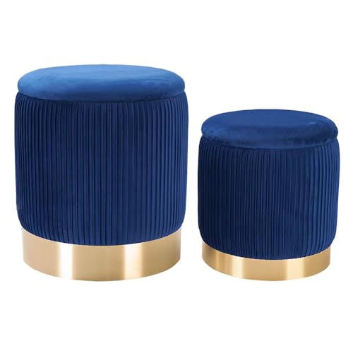 Runde Ottomane Aufbewahrung 2er Set Blau Samt Aufbewahrung Ottomane für Wohnzimmer und Schlafzimmer von 2BYF
