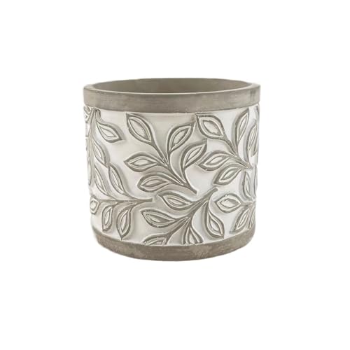 2WFYJNITP Dekorativ Zylindrischer Blumentopf mit grauem Blattprägungsmuster, Ablaufloch, Zement-Blumentopf for Dekorieren von Balkon, Wohnzimmer, Küche (3 Größen) für Zimmerpflanzen(Groß) von 2WFYJNITP