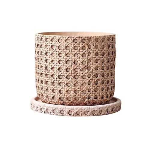 2WFYJNITP Dekorativ Zylindrischer Relief-Blumentopf mit Rattan-Textur, Drainageloch, Zement-Pflanzgefäß, for Zimmer, Balkon, Garten, Büro für Zimmerpflanzen(Mittel) von 2WFYJNITP