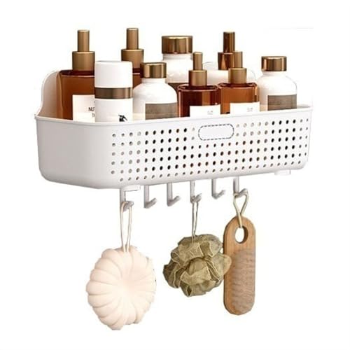 2WFYJNITP Küche Duschablage aus Kunststoff, wandmontierter Dusch-Organizer mit 6 Haken, Dusch-Aufbewahrungskorb ohne Bohren for Badezimmer, Küche, Waschküche, Balkon für Duschgel(Weiß) von 2WFYJNITP