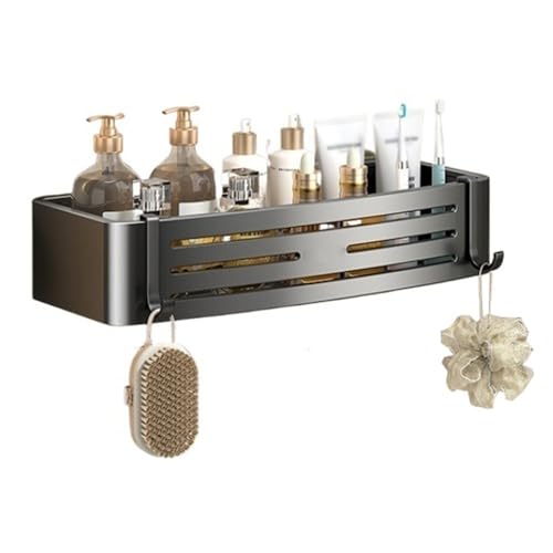 2WFYJNITP Küche Duschcaddy aus Aluminium, Selbstklebende Duschregale zur Wandmontage mit 2 Haken, Dusch-Organizer ohne Bohren, Badezimmer-Aufbewahrungszubehör, Grau/Schwarz für Duschgel(Schwarz) von 2WFYJNITP