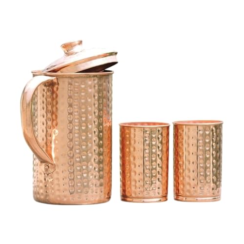 2activelife Krug aus 100% reinem Kupfer, mit 2 Bechern | Gehämmerter Trinkwasserkrug mit Gläsern | Kupferkrug-Set mit Deckel und Bechern | Wasserflasche mit Griff | Gesundheitsvorteile des Ayurveda von 2activelife