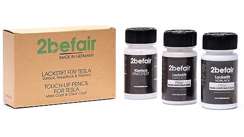 2befair Lackstift Autolack Set bestehend aus Basislack und Klarlack je 60 ml - Made in Germany- Kompatibel mit Tesla Farbcode (White Multi Coat 3 Layer) von 2befair