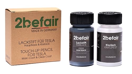 2befair Lackstift Tesla (Solid Black) – Made in Germany, Autolack Set mit Hauptlack & Klarlack (je 60 ml), für kleine Kratzer im Lack, Zubehör fürs Auto, schwarz von 2befair