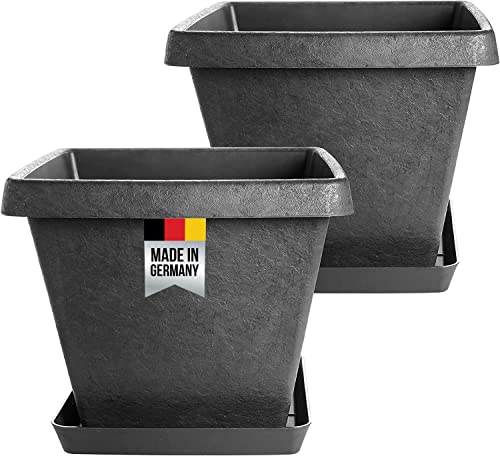 2er Set Pflanzkübel eckig und Untersetzer, 34x34 cm, Blumenkübel Blumentopf Pflanztopf, innovatives Stone-Design, extra stabil, Farbe: anthrazit, Made in Germany von 2friends