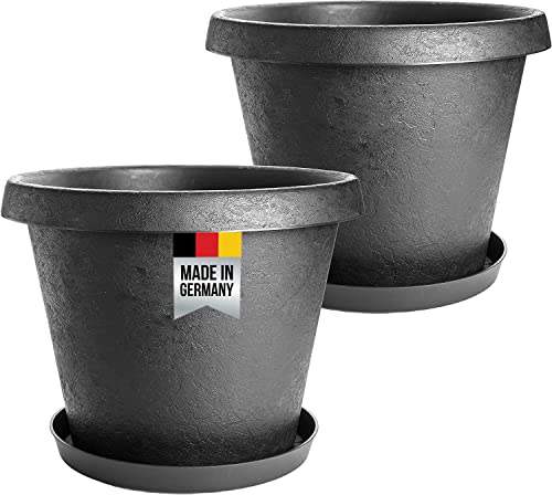 2er Set Pflanzkübel rund und Untersetzer, 40 cm, Blumenkübel Blumentopf Pflanztopf, innovatives Stone-Design, extra stabil, Blumentopf, Farbe: anthrazit, Made in Germany von 2friends