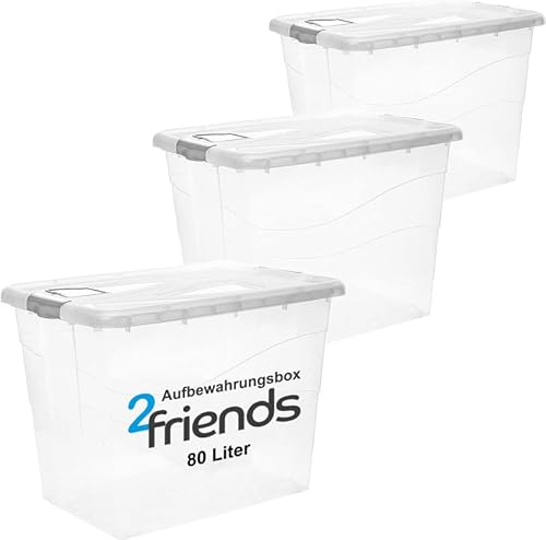 2friends 3er Set Aufbewahrungsbox mit Deckel Groß XXL 80 Liter Kisten Boxen aufbewahrung, Plastikbox mit Deckel, Rollen und Clip-Griffen - Ideal für Ordnung, Lagerung & Mobilität, Made in EU von 2friends