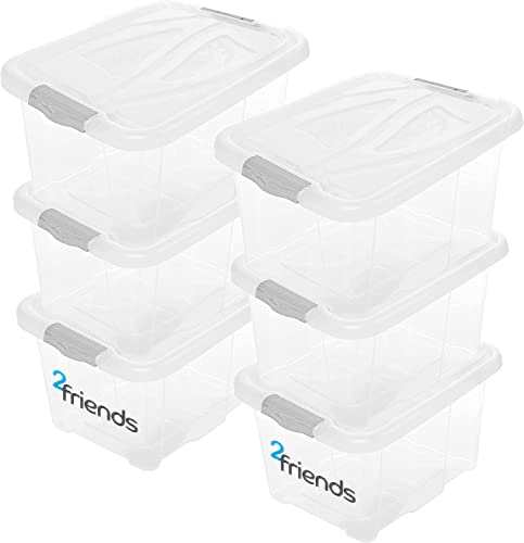 2friends 6er Set Aufbewahrungsbox mit Deckel 30 Liter 6 Stück Plastikbox aus lebensmittelecht Kunststoff mit Clip-Deckeln Stapelbar Transparent, 26 x 49 x 39 cm Made in EU von 2friends