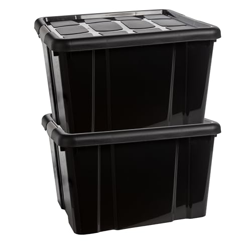 2friends Aufbewahrungsbox 4er Set Aufbewahrungsbox mit Deckel Groß 25 L (26 x 42 x 35 cm), Plastikbox mit Clip-Deckeln Stapelbar Schwarz von 2friends