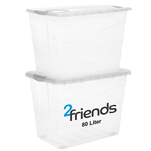 2friends Aufbewahrungsbox mit Deckel Groß XXL, 2 Stück Aufbewahrungsboxen, 80 L Boxen aufbewahrung, Kisten aufbewahrung mit Deckel, Rollen und Clip-Griffen, Plastikbox mit Deckel Groß, Model Adis von 2friends