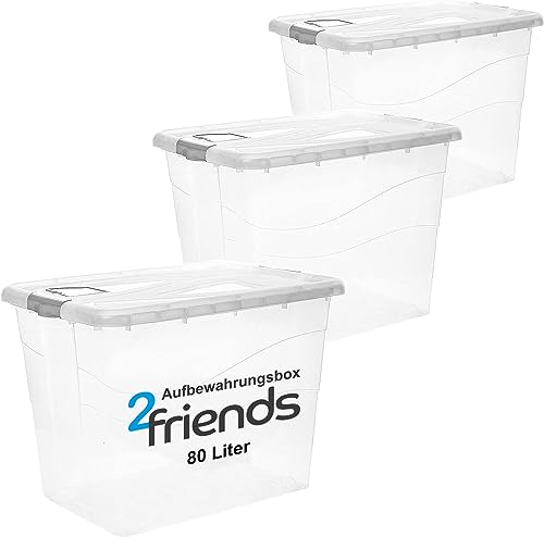 2friends Aufbewahrungsbox mit Deckel Groß XXL, 3 Stück Aufbewahrungsboxen, 80 L Boxen aufbewahrung, Kisten aufbewahrung mit Deckel, Rollen und Clip-Griffen, Plastikbox mit Deckel Groß, Model Adis von 2friends