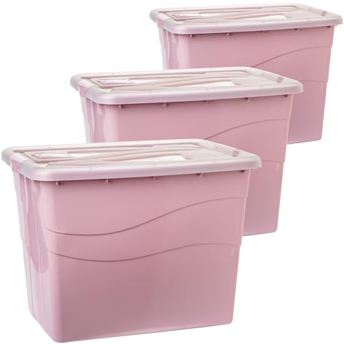 2friends Aufbewahrungsbox mit Deckel Groß XXL, 3 Stück Aufbewahrungsboxen, 80 L Boxen aufbewahrung, stapelbar Kisten aufbewahrung mit Deckel, Rollen, Clip-Griffen, Plastikbox mit Deckel, Farbe Rosa von 2friends