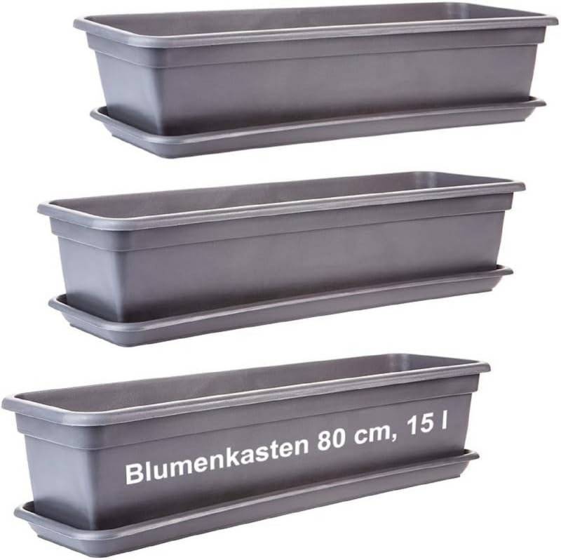2friends Blumenkasten 3er-Pack, mit Untersetzer aus Kunststoff 80T x 17B x 14H cm, Balkon Blumenkasten Anthrazit von 2friends