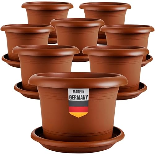 2friends Elegantes 8er-Set Blumentopf groß 40 cm Durchmesser - Pflanzkübel groß außen in Terracotta, mit Untersetzer, Robust & Frostsicher, aus Kunststoff, für Garten, Balkon, Terasse von 2friends