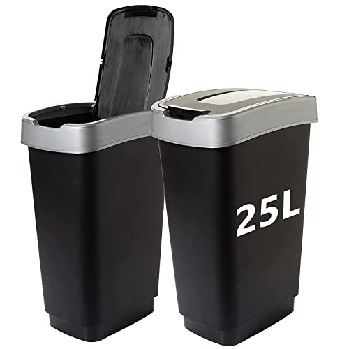 2friends Mülleimer Küche 25l Abfalleimer mit Schwingdeckel, 2 Stück, Mülleimer 2 Fächer, Mülltonne Tonne mit Deckel, Farbe: schwarz/silber; Made in EU von 2friends