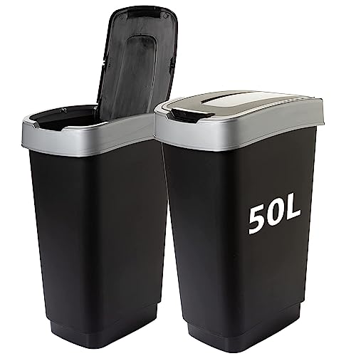 2friends Duo Mülleimer Küche 2 Fächer 50L - Geruchsdicht Doppel Abfalleimer mit Schwingdeckel 2x50 Liter Groß, 60x45x34 cm, Robust Recycelbarer Kunststoff, Schwarz/Silber, Made in EU von 2friends