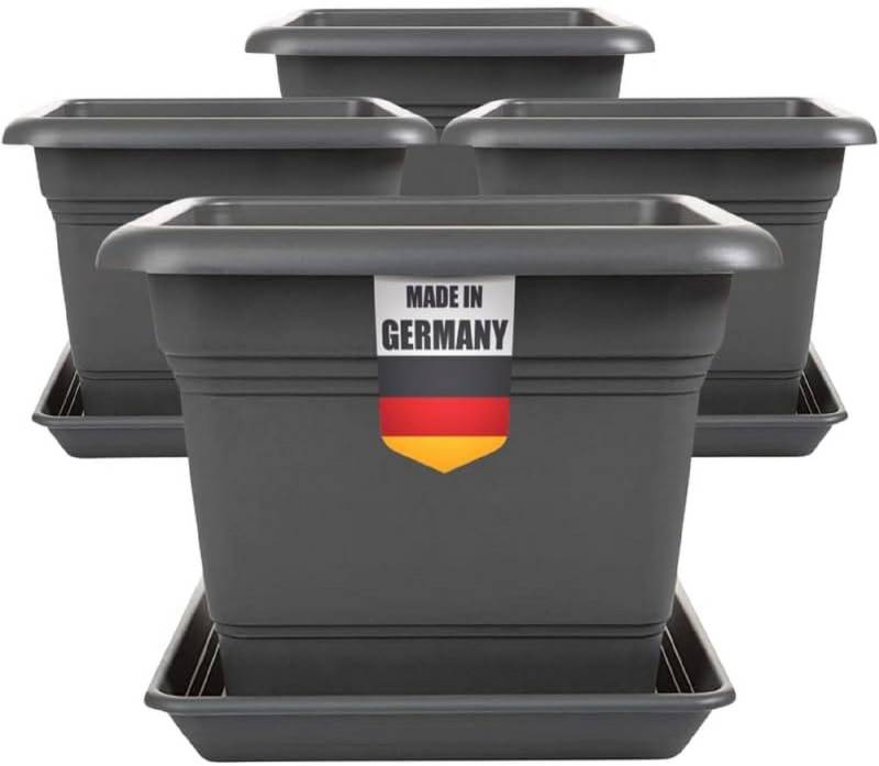 2friends Pflanzkübel 4er Set Anthrazit Pflanzkübel Eckig Blumentopf mit Untersetzer (28T x 28B x 22H cm), Stabile Kübel mit Ablaufsystem für Balkon & Garten von 2friends
