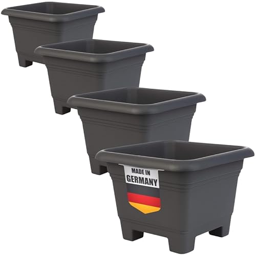 2friends Pflanzkübel Groß Außen 4er Set - Eckiger Blumentopf groß draußen in Anthrazit, Wetterfest & Frostsicher Blumentopf Einsatz Pflanztöpfe groß für Garten & Terrasse, 38x38x28 cm von 2friends