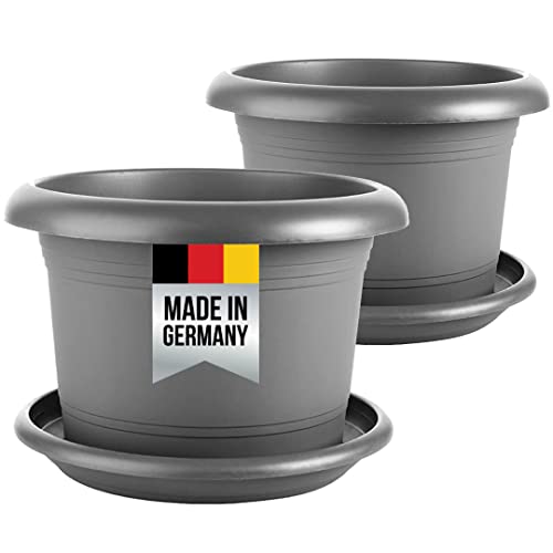2friends Pflanzkübel groß außen, Blumentopf mit Untersetzer Durchmesser 30 cm, 2er Set Blumentöpfe Pflanztöpfe, Blumenkübel Pflanzentopf, Übertopf Pflanztopf Rundtopf, Anthrazit, Model: Walter von 2friends