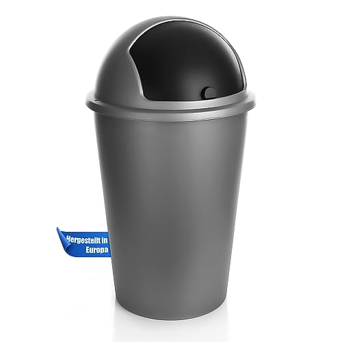 2friends SUSTANIA Abfalleimer Modell Silver, 50L mit schwarzem Schiebedeckel, Ø 25cm x H 68cm – Mülleimer groß aus Kunststoff für Küche oder Büro – Müllbehälter geruchsdicht mit rundem Deckel, von 2friends