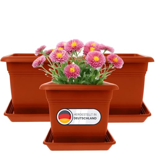2friends 3er Set - Eckige Pflanzkübel mit Untersetzer, 28x28 cm, Übertopf Groß, Hochwertiger Blumentopf & Blumenkasten, Terracotta - Made in German von 2friends