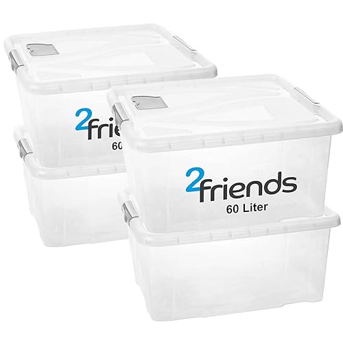 4er Set Aufbewahrungsbox mit Deckel Groß, 60 Liter Kisten Boxen Aufbewahrung, Stapelbar, Plastikbox mit Deckel, Griffen und Lüftungsklappe - Ideal für Stauraum Maximieren und Langlebige Ordnung von 2friends