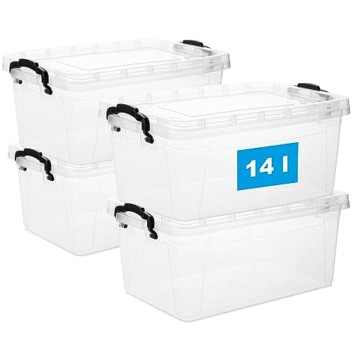 Aufbewahrungsbox mit Deckel und Griff, 14 Liter, 4 Stück - Stapelbare Plastikbox aus lebensmittelechtem Kunststoff, Made in EU, transparent – Ideal für Küche & Haushalt, Platzsparend & BPA-frei von 2friends