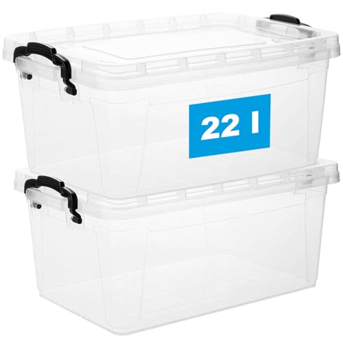 Aufbewahrungsbox mit Deckel und Griff, 22 Liter, 2 Stück - Stapelbare Plastikbox aus lebensmittelechtem Kunststoff, Made in EU, transparent – Ideal für Küche & Haushalt, Platzsparend & BPA-frei von 2friends