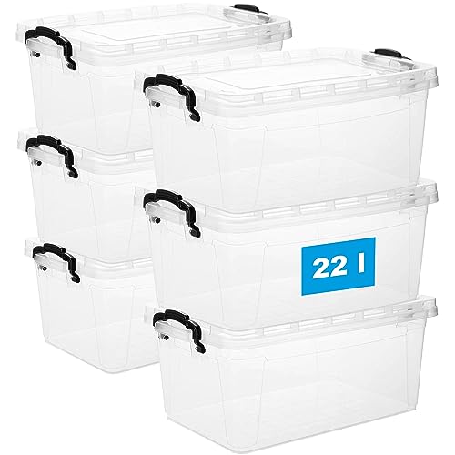 Aufbewahrungsbox mit Deckel und Griff, 22 Liter, 6 Stück - Stapelbare Plastikbox aus lebensmittelechtem Kunststoff, Made in EU, transparent – Ideal für Küche & Haushalt, Platzsparend & BPA-frei von 2friends