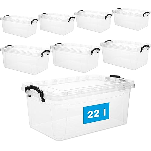 Aufbewahrungsbox mit Deckel und Griff, 22 Liter, 8 Stück - Stapelbare Plastikbox aus lebensmittelechtem Kunststoff, Made in EU, transparent – Ideal für Küche & Haushalt, Platzsparend & BPA-frei von 2friends