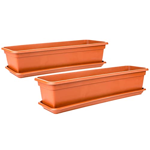 Blumenkasten Balkon 80 cm mit Untersetzer Balkonkasten Fensterbank außen, 2-er Stück Balkonkästen Blumenkästen Balkon eckig, Hochwertiger Kunststoff Terracotta, Model: Millie, Made in EU von 2friends