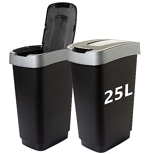 Mülleimer Küche Abfalleimer mit Deckel (2er Set) 25L - Küchenmülleimer mit 2 Fächern & Schwingdeckel - Schwarz/Silber - für Recycling & Mülltrennung, Made in EU von 2friends