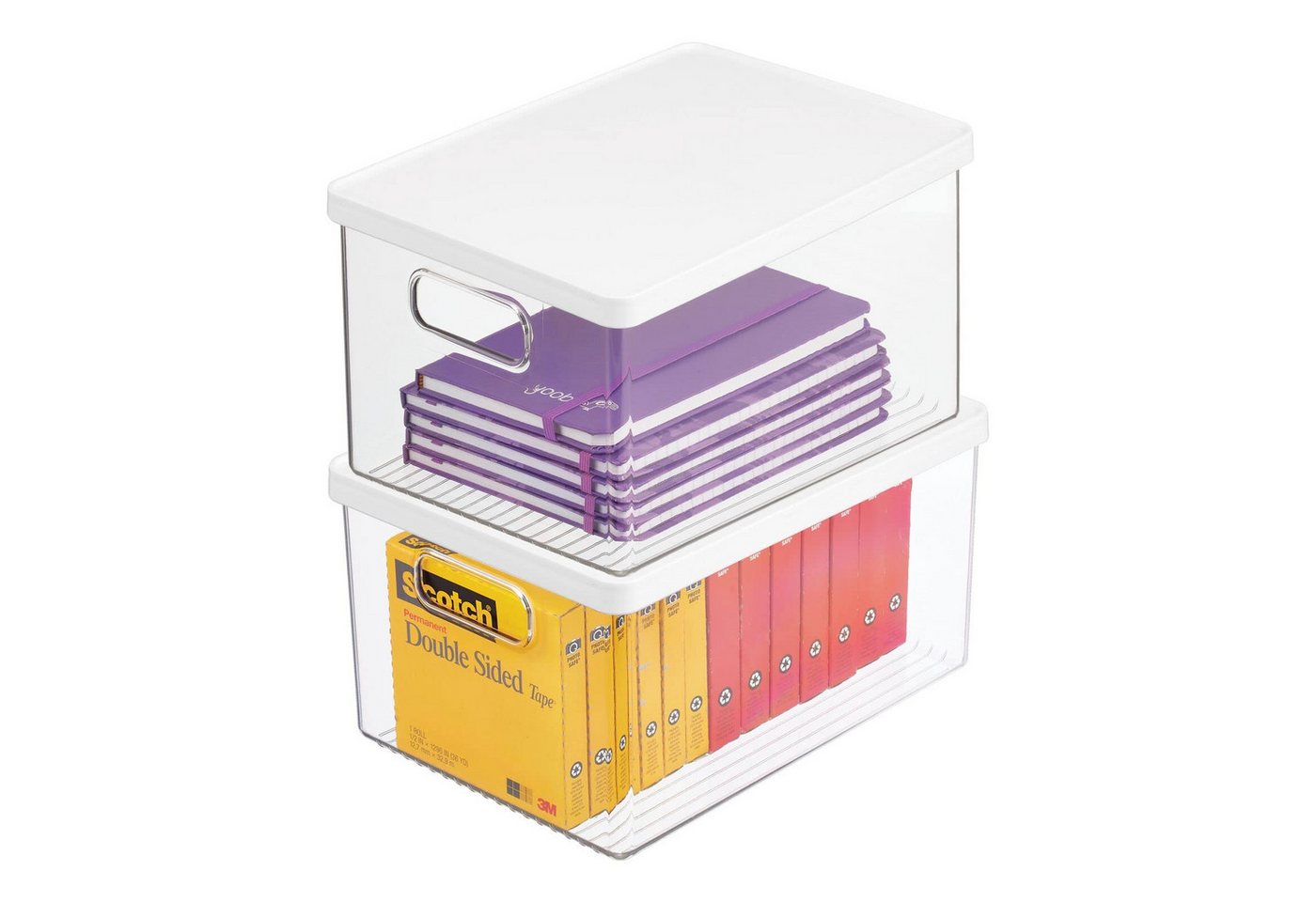 2mGoods Aufbewahrungsbox 2er-Set Schreibtischablage für Stifte (Notizzettel usw., Aufbewahrungsbox mit Griffen und Deckel aus robustem Kunststoff), Ordnungshelfer für Büromaterialien – durchsichtig/weiß von 2mGoods