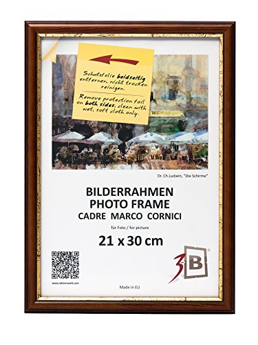 3-B Bilderrahmen BARI RUSTIKAL - Dunkel Braun/Gold - 21x29,7 cm (A4) - Holzrahmen, Fotorahmen aus Kiefernholz, Portraitrahmen mit Acrylglas von 3-B