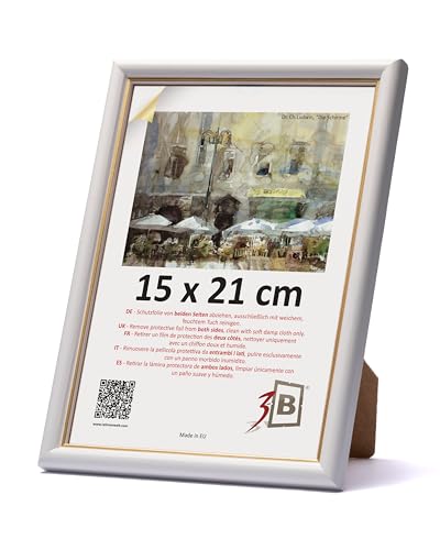 3-B Bilderrahmen COMO RUSTIKAL - Weiß/Gold - 15x21 cm (A5) - Holzrahmen, Fotorahmen, Portraitrahmen mit Acrylglas von 3-B