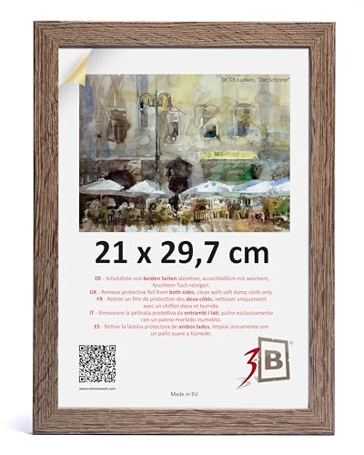3-B Bilderrahmen HIT - Dunkel Braun (Nussbaum mit optischer Holzmaserung) - 21x29,7 cm (A4) - Holzrahmen, Fotorahmen, Dokumentenrahmen mit Acrylglas von 3-B