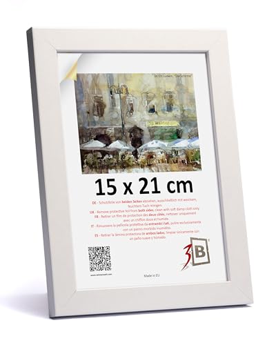 3-B Bilderrahmen HIT - Weiß - 15x21 cm (A5) - Holzrahmen, Fotorahmen, Dokumentenrahmen mit Acrylglas von 3-B