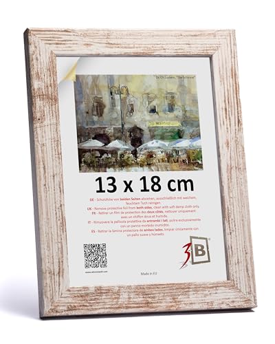 3-B Bilderrahmen HIT - Weiß Rustikal (optisch gealtertes Weiß mit sichtbarer Holzmaserung) - 13x18 cm - Holzrahmen, Fotorahmen, Portraitrahmen mit Acrylglas von 3-B