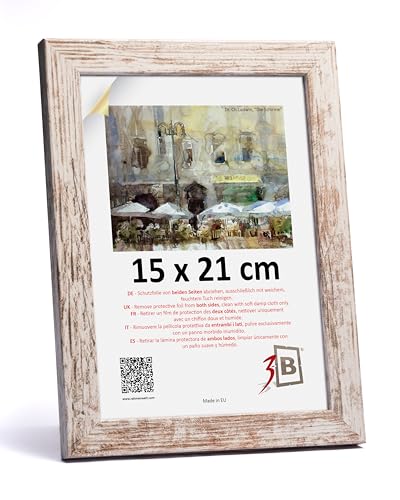 3-B Bilderrahmen HIT - Weiß Rustikal (optisch gealtertes Weiß mit sichtbarer Holzmaserung) - 15x21 cm (A5) - Holzrahmen, Fotorahmen, Dokumentenrahmen mit Acrylglas von 3-B