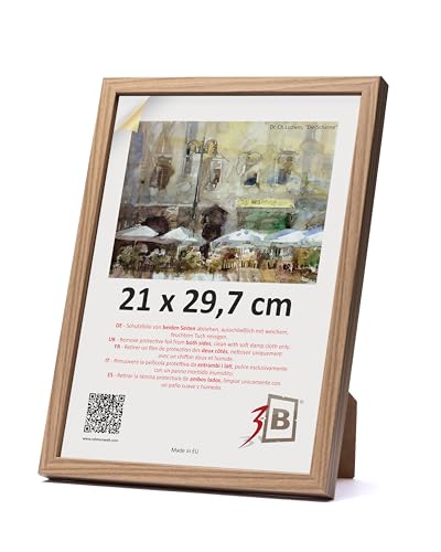 3-B Bilderrahmen MEGA - Braun (Eiche mit optisch dichter Holzmaserung) - 21x29,7 cm (A4) - Holzrahmen, Fotorahmen, Dokumentenrahmen mit Acrylglas von 3-B