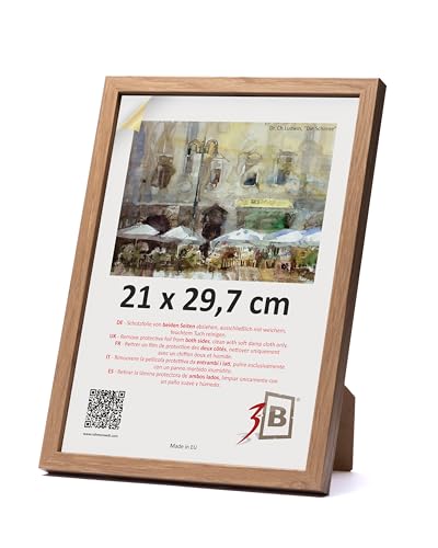 3-B Bilderrahmen MEGA - Braun (Eiche mit optisch sanfter Holzmaserung) - 21x29,7 cm (A4) - Holzrahmen, Fotorahmen, Dokumentenrahmen mit Acrylglas von 3-B