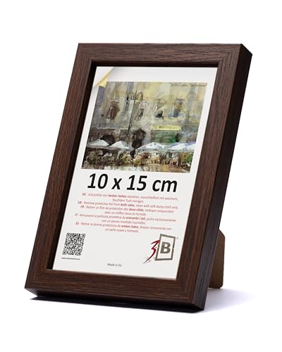 3-B Bilderrahmen MEGA - Dunkel Braun (Nussbaum mit optischer Holzmaserung) - 10x15 cm - Holzrahmen, Fotorahmen, Portraitrahmen mit Acrylglas von 3-B