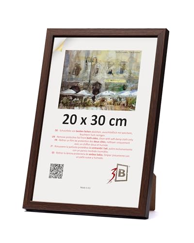 3-B Bilderrahmen MEGA - Dunkel Braun (Nussbaum mit optischer Holzmaserung) - 20x30 cm - Holzrahmen, Fotorahmen, Portraitrahmen mit Acrylglas von 3-B