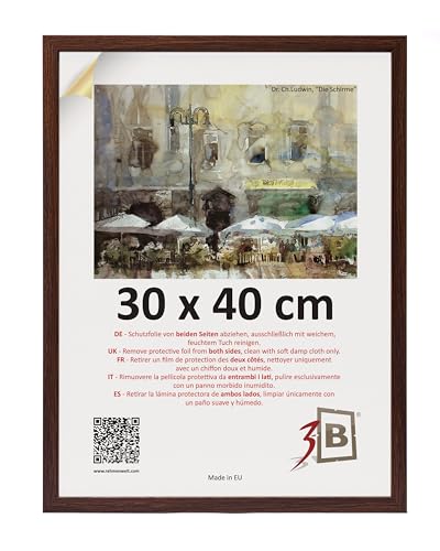 3-B Bilderrahmen MEGA - Dunkel Braun (Nussbaum mit optischer Holzmaserung) - 30x40 cm - Holzrahmen, Fotorahmen, Dokumentenrahmen mit Acrylglas von 3-B