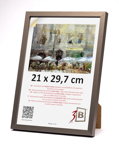 3-B Bilderrahmen MEGA - Stahlgrau - 21x29,7 cm (A4) - Holzrahmen, Fotorahmen, Dokumentenrahmen mit Acrylglas von 3-B